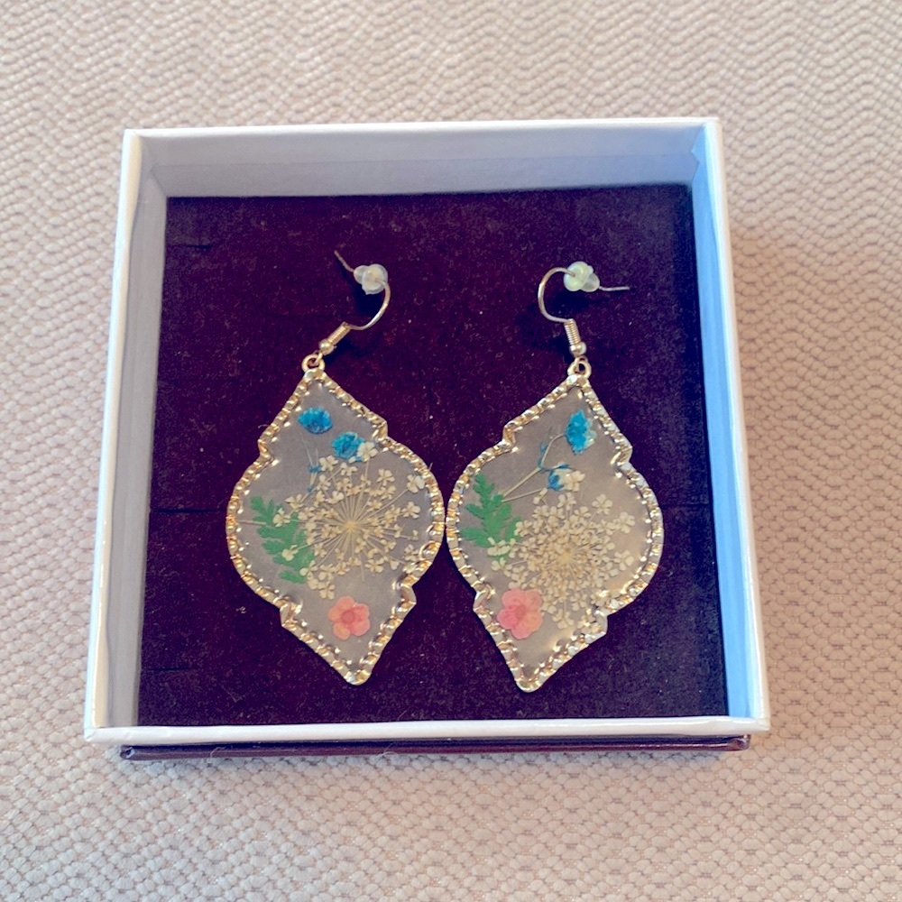 Clear gold and floral drop earrings